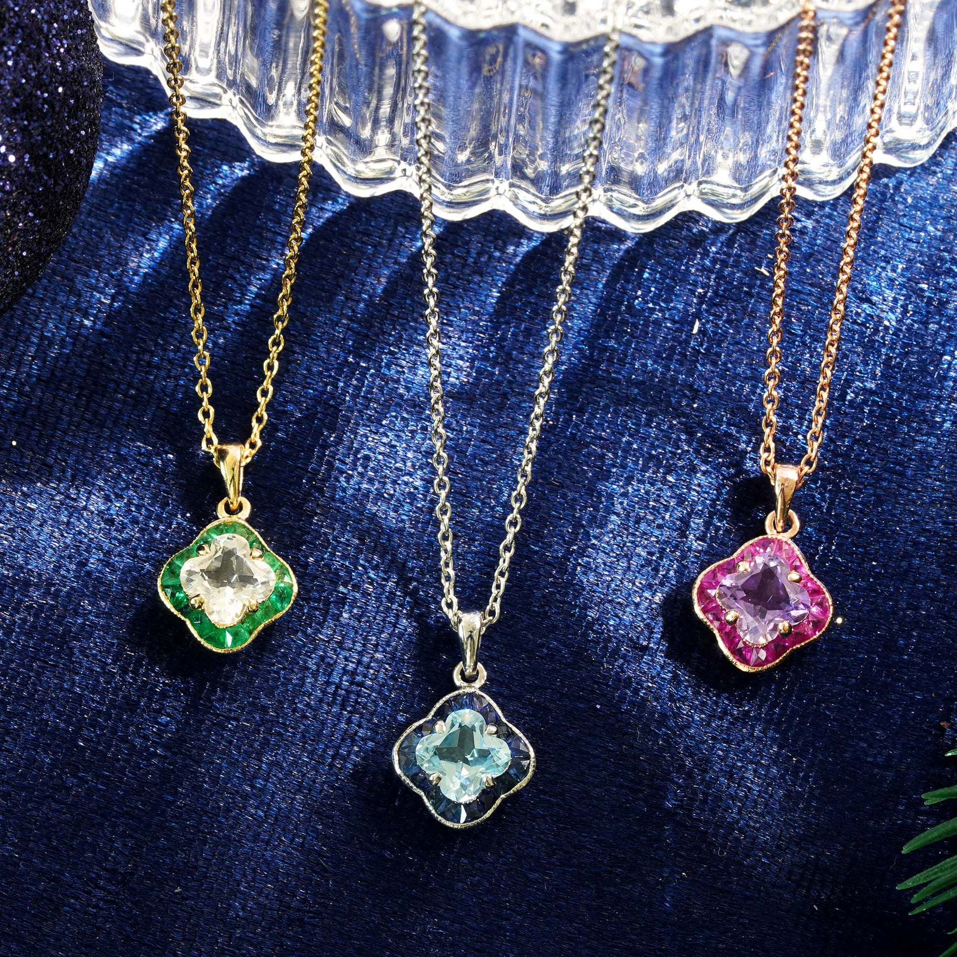 Lily Cut Blue Topaz & Blue Sapphire 9K White Gold Pendant Necklace