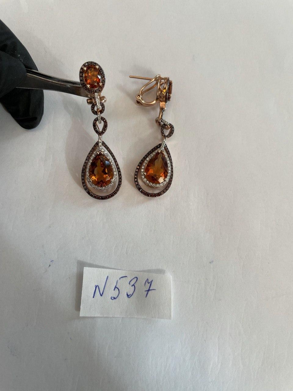Amber Orange Citrine &amp; Brown White Diamonds Halo Rose Gold Statement Earrings