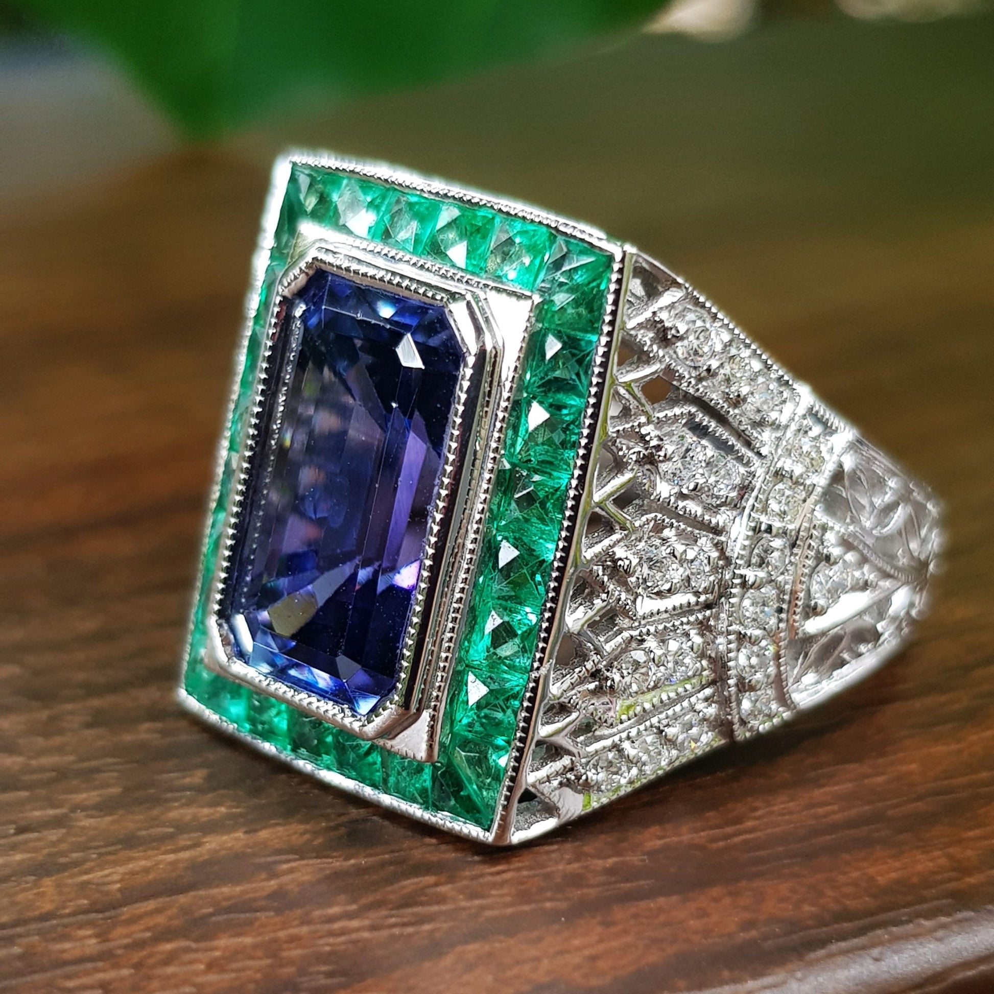 Octagon Blue Tanzanite & Emerald and Diamond Art Deco Style 18K White Gold Ring