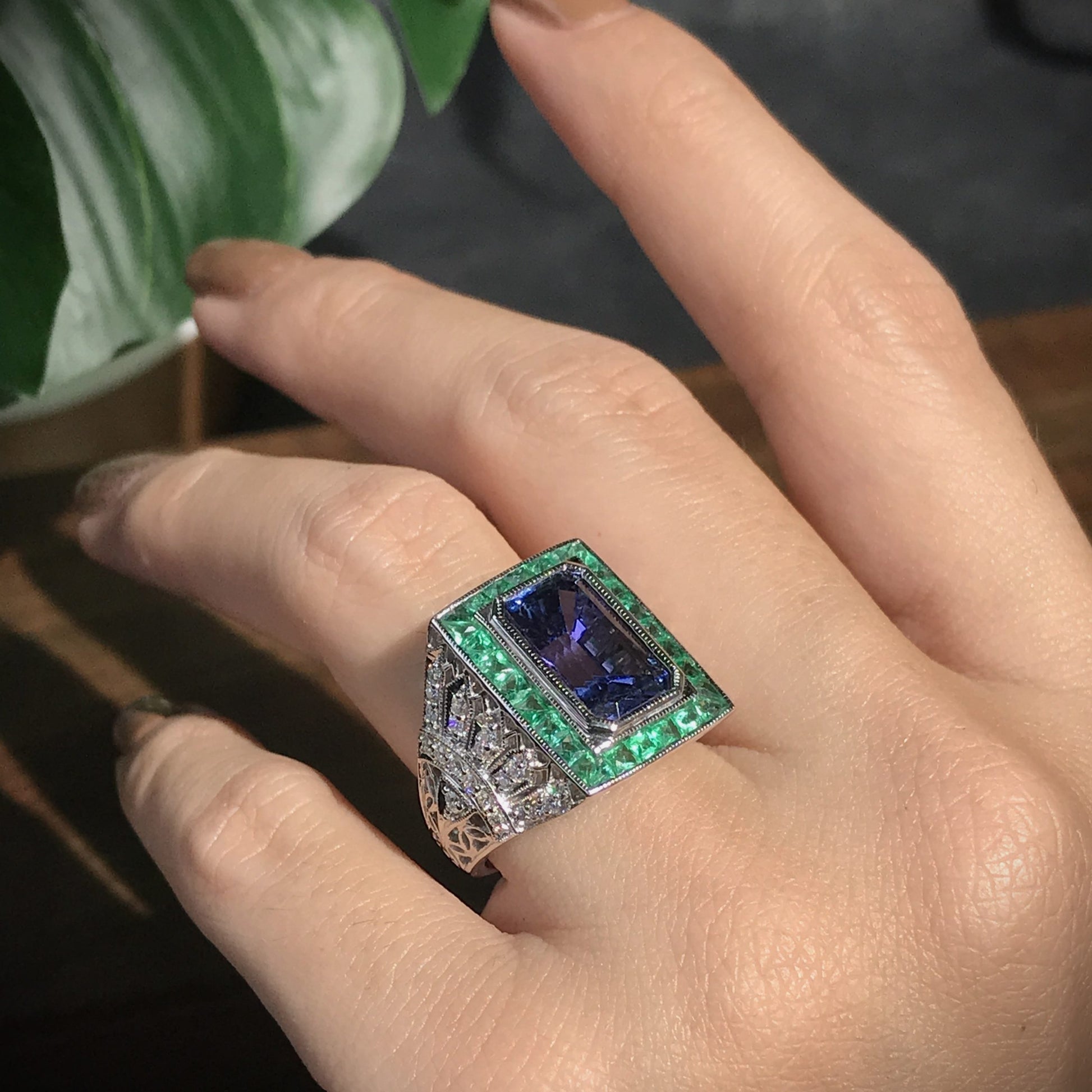 Octagon Blue Tanzanite & Emerald and Diamond Art Deco Style 18K White Gold Ring