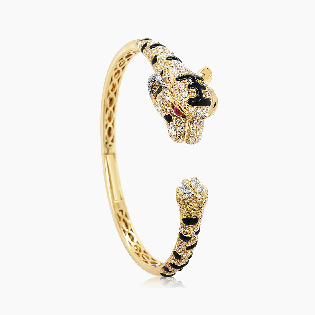 Fancy Diamond Onyx & Ruby 18K Yellow Gold Tiger Bangle Bracelet