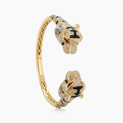 Fancy Diamond Onyx & Ruby 18K Yellow Gold Double Leopard Head Bangle Bracelet