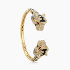 Fancy Diamond Onyx & Ruby 18K Yellow Gold Double Leopard Head Bangle Bracelet