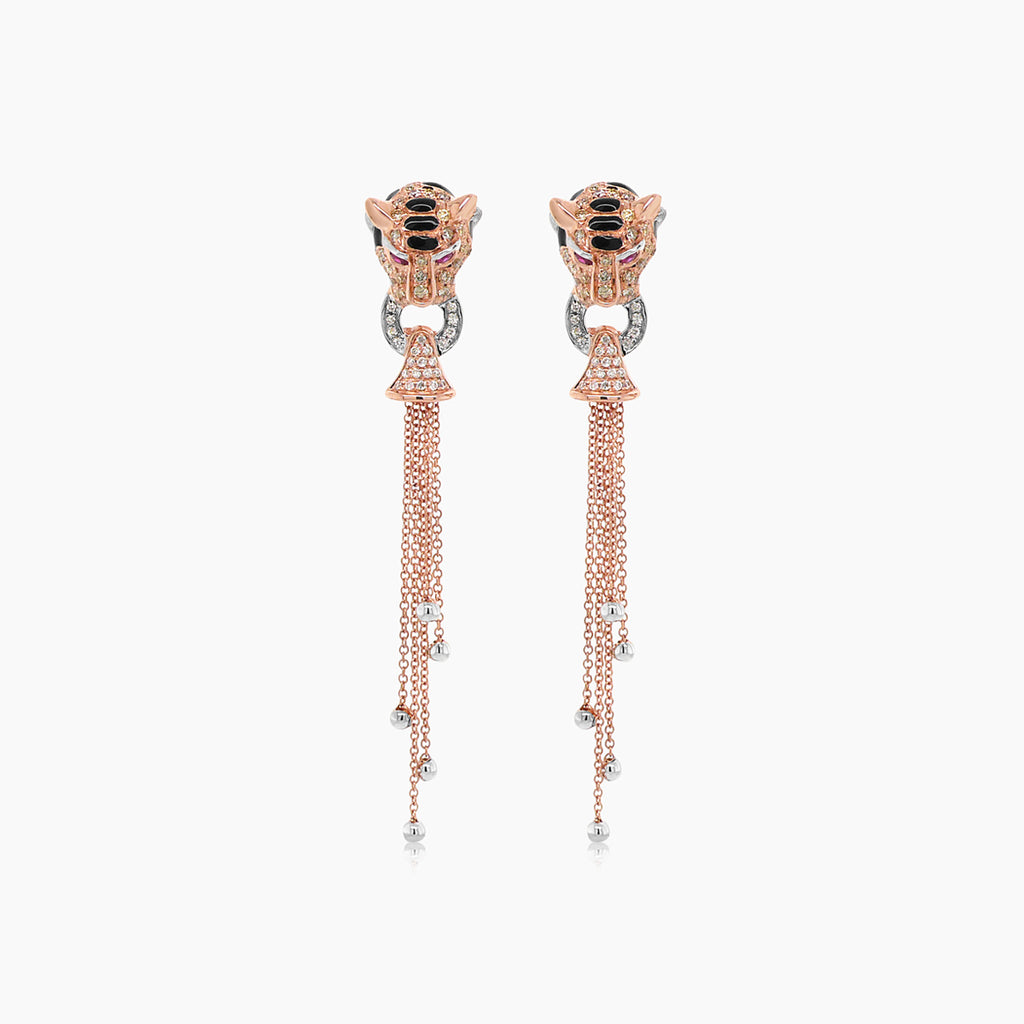 Tiger Fancy Diamond White Diamond Onyx & Ruby 18K Rose Gold Panther Earrings