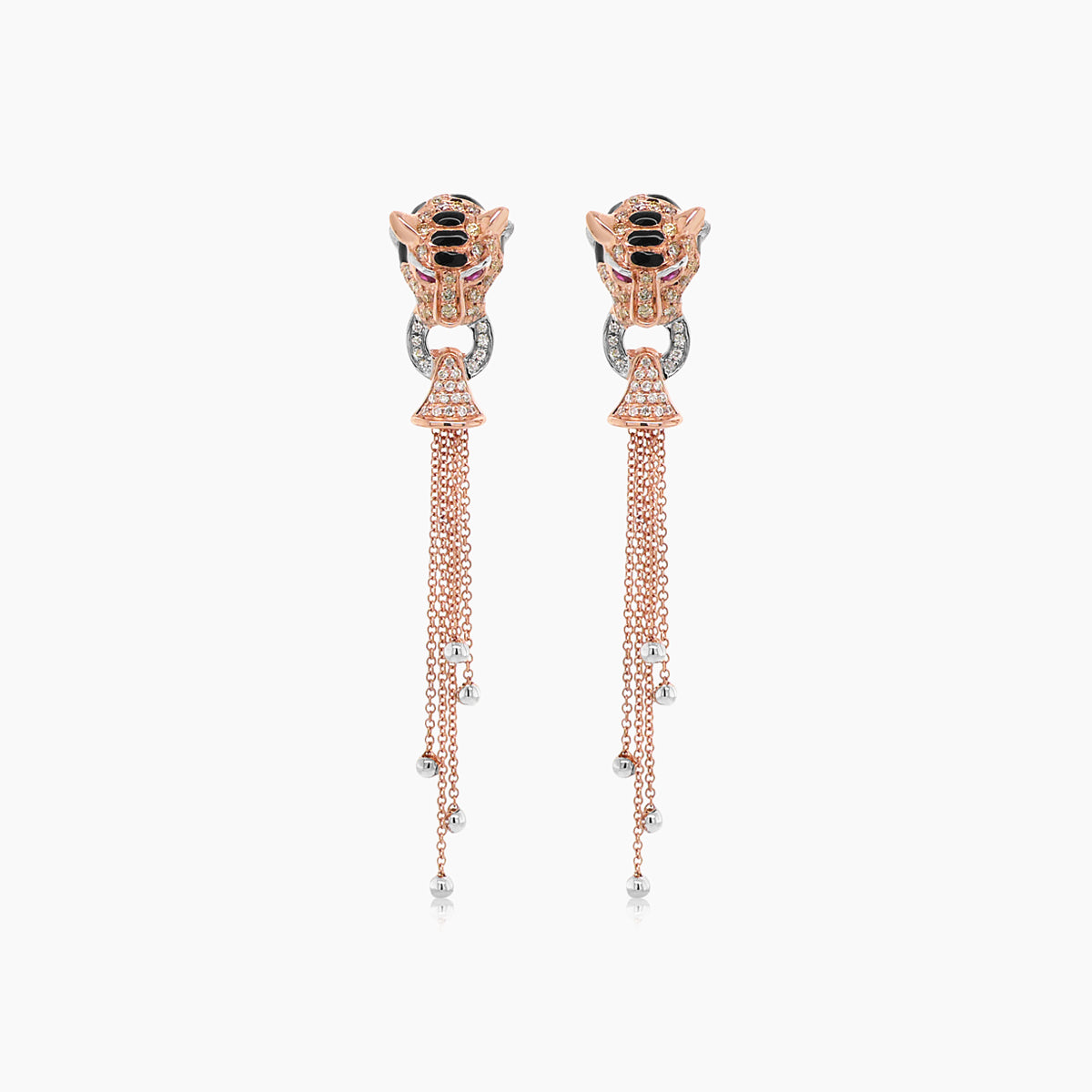 tiger fancy diamond white diamond onyx & ruby 18k rose gold panther earrings