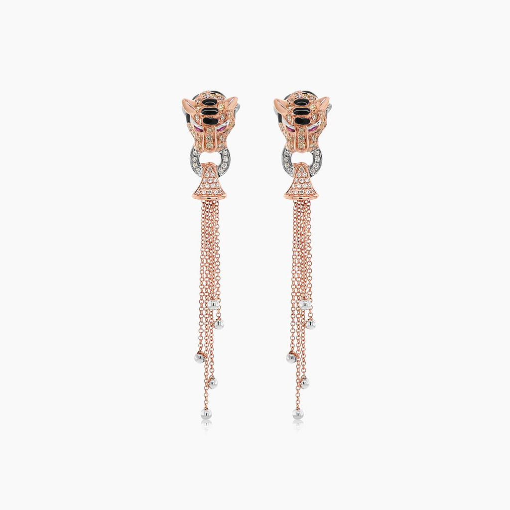 Tiger Fancy Diamond White Diamond Onyx & Ruby 18K Rose Gold Panther Earrings