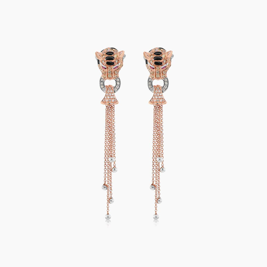 Tiger Fancy Diamond White Diamond Onyx &amp; Ruby 18K Rose Gold Panther Earrings