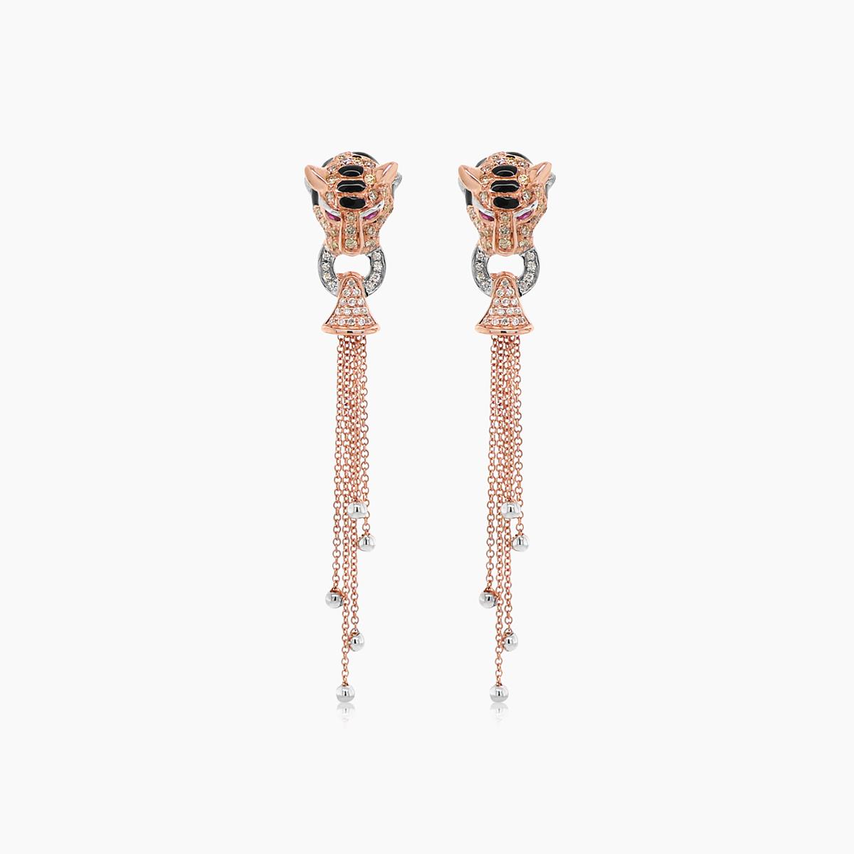 Tiger Fancy Diamond White Diamond Onyx & Ruby 18K Rose Gold Panther Earrings