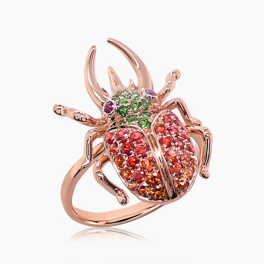 Multicolor Orange Sapphire & Green Gem Pave Beetle Bug 18K Rose Gold Animal Ring