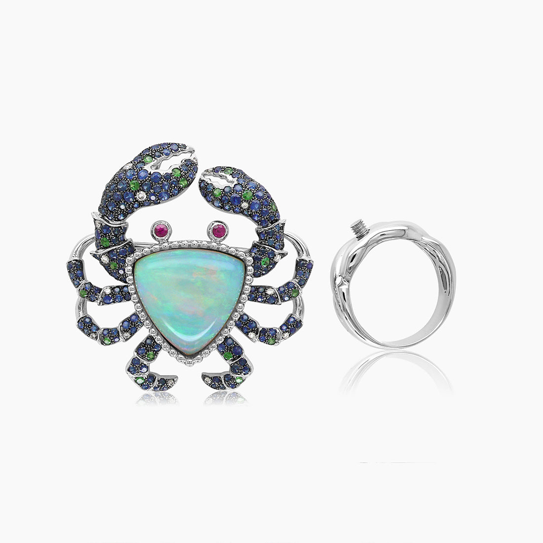 Crab Sea Cancer Sapphire Green Pave & Blue Opal 18K White Gold Animal Ring