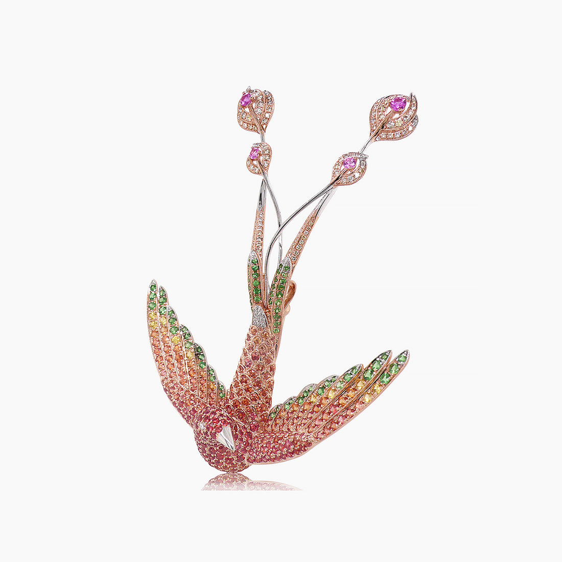Multicolor Sapphire & Orange & Diamond Pave Longtail Bird Rose Gold Pin Brooch
