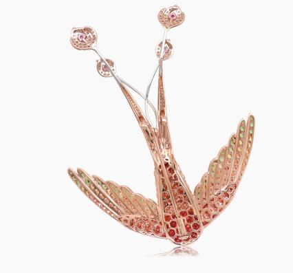 multicolor sapphire & orange & diamond pave longtail bird rose gold pin brooch