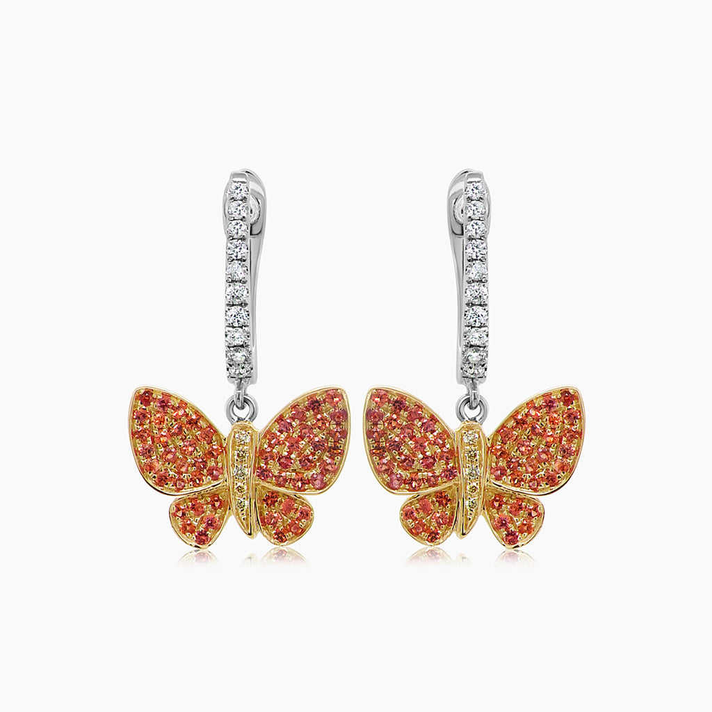 Orange Yellow Sapphire & Diamonds Butterfly Sweet 18K Twotone Gold Clip Earrings