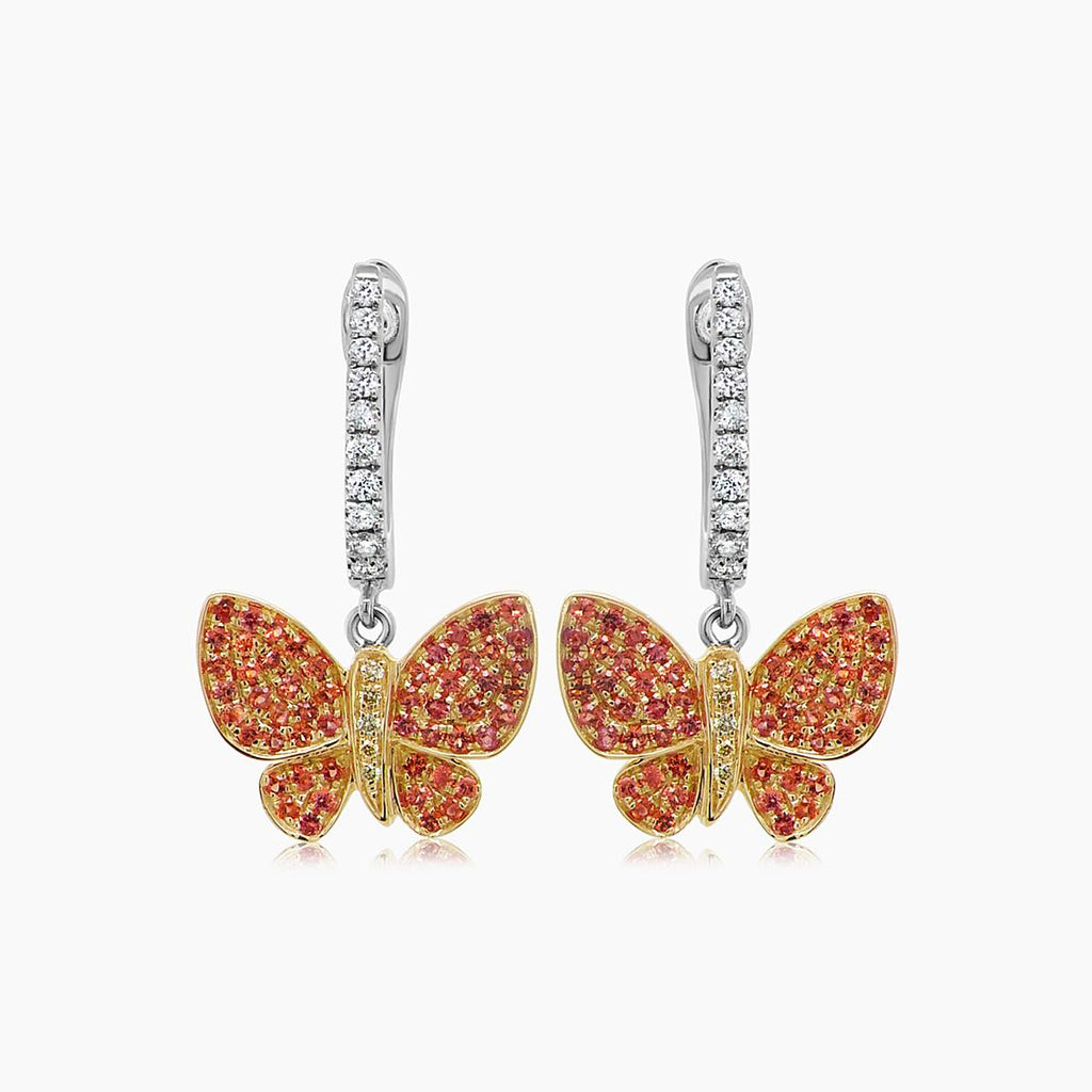 Orange Yellow Sapphire & Diamonds Butterfly Sweet 18K Twotone Gold Clip Earrings