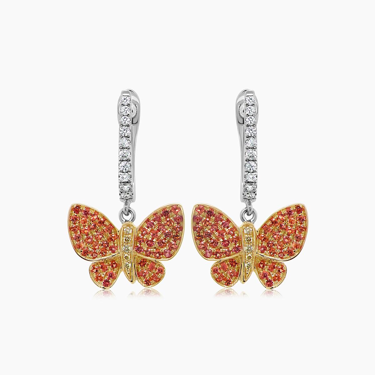 Orange Yellow Sapphire & Diamonds Butterfly Sweet 18K Twotone Gold Clip Earrings