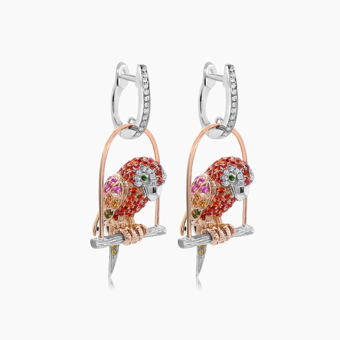 Parrot Bird Orange Sapphire & Diamonds & Gem 18K White & Rose Gold Drop Earrings