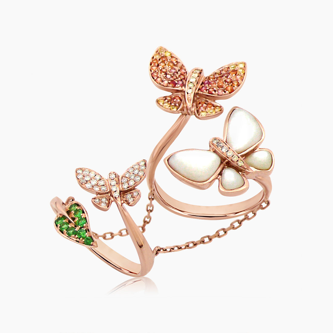 Orange Sapphire &amp; Diamonds Pearl Pave Butterfly Sweet 18K Rose Gold Animal Ring
