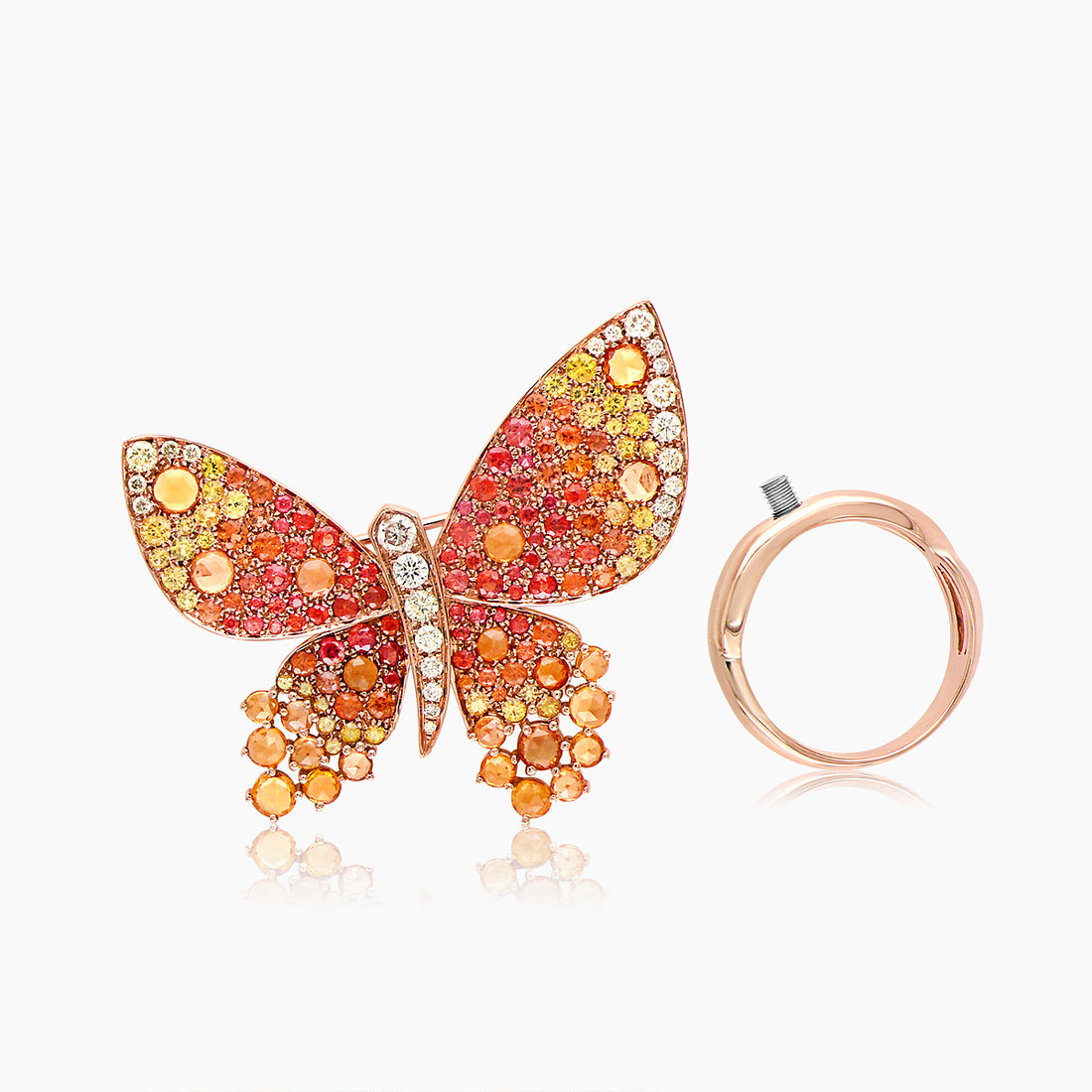 Orange Yellow Sapphire &amp; Diamonds Pave Butterfly Sweet 18K Rose Gold Animal Ring