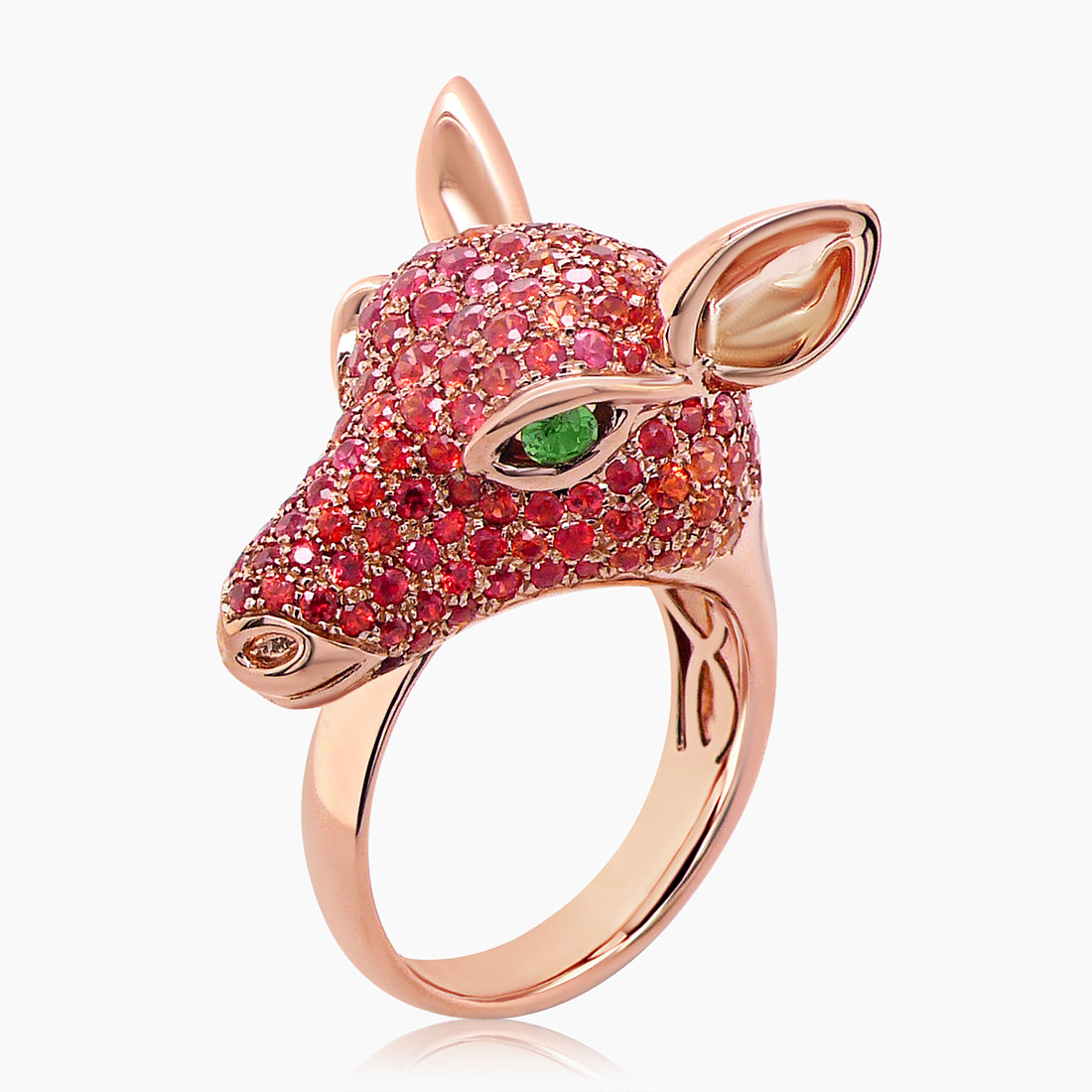 Deer Orange Sapphire Fancy Diamond & Green Garnet 18K Rose Gold Animal Ring