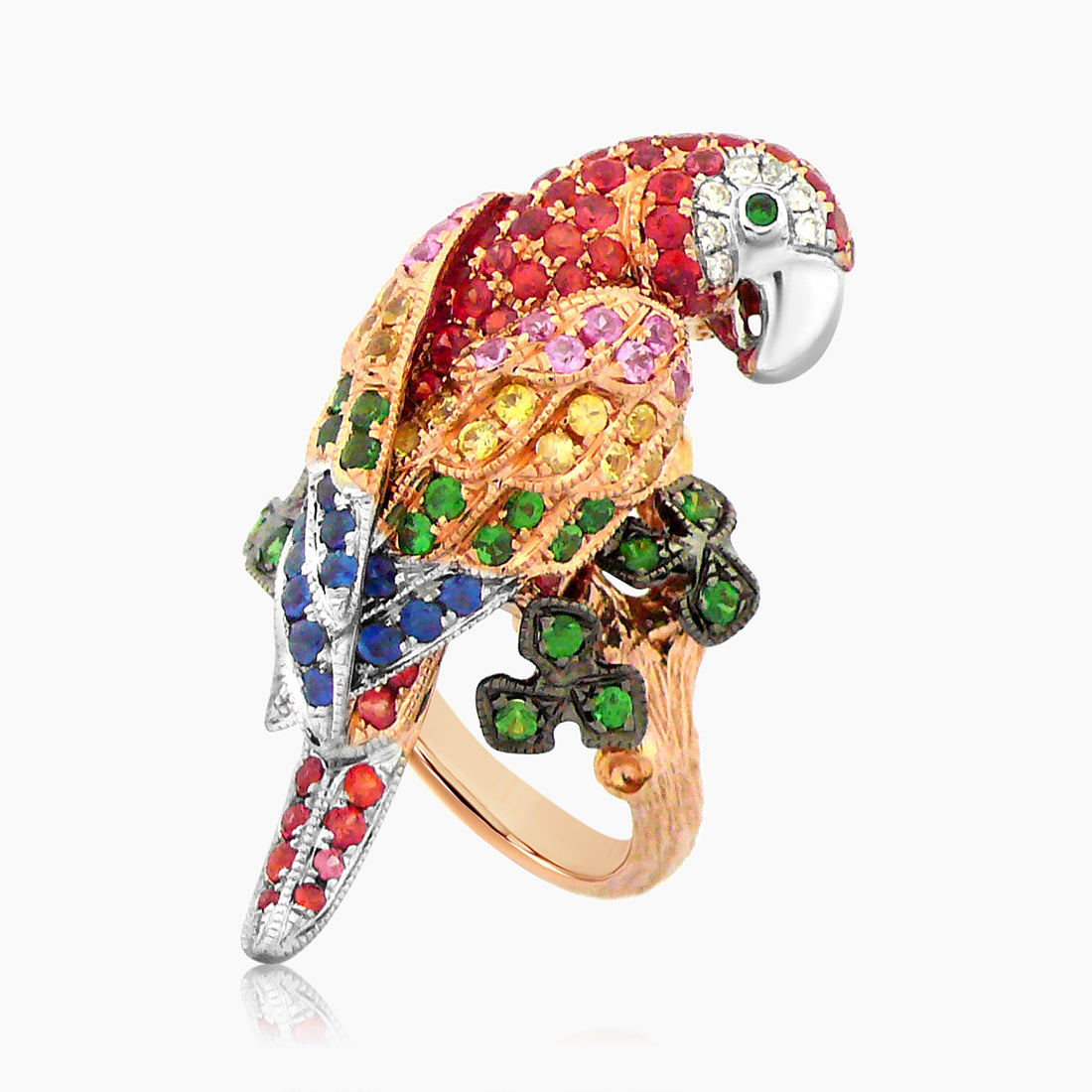 Parrot Bird Multi Color Orange Sapphires & Diamond & Garnet 18K Tri Gold Ring