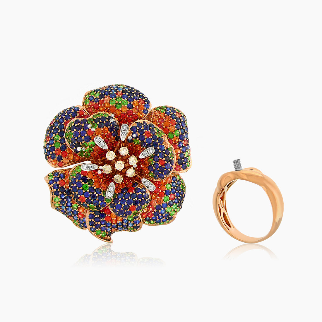 Blue & Orange Sapphire & Multi-Gemstone Lilly Flower 18K Rose Gold Flower Ring