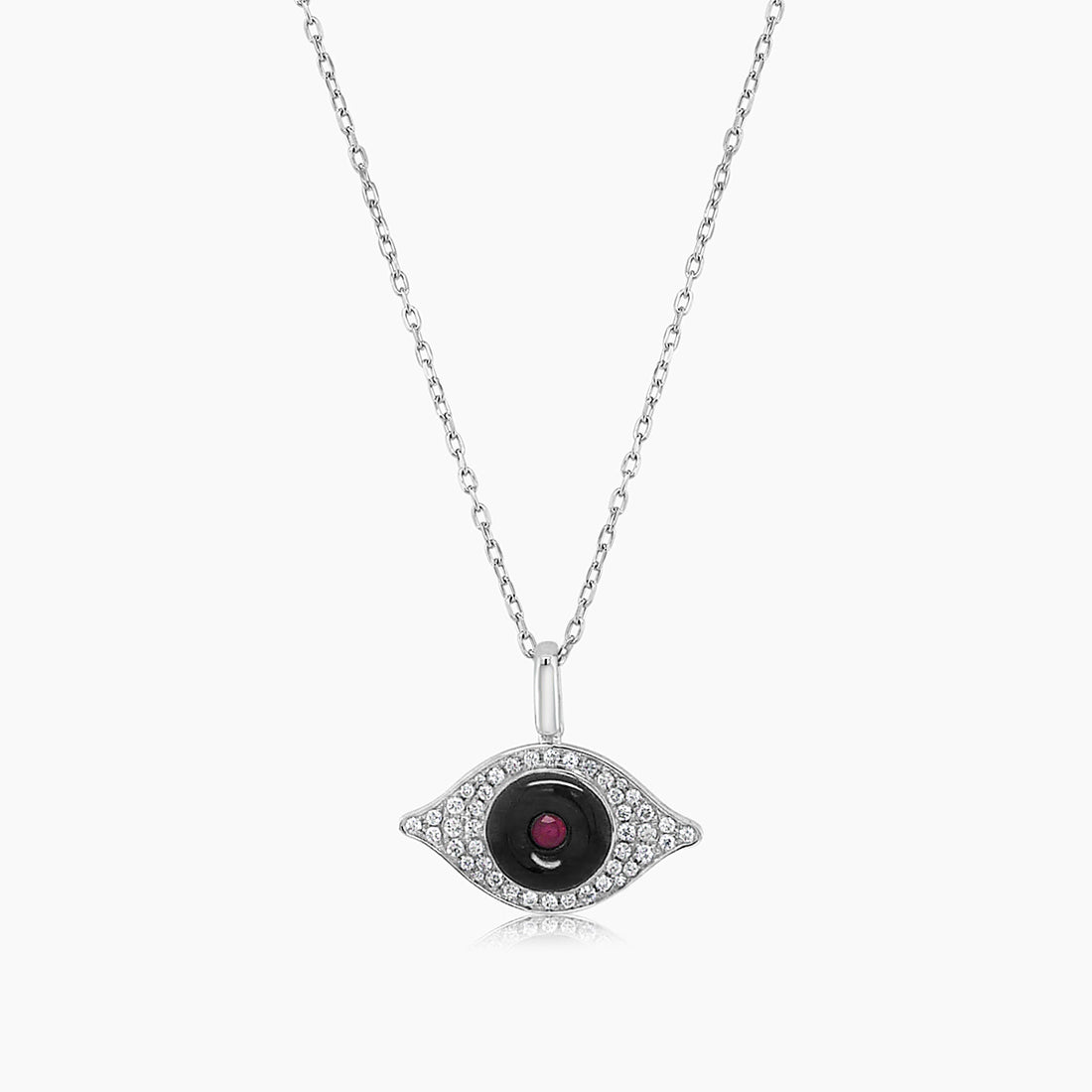 Evil Eye Onyx & Ruby & White Diamond 18K White Gold Eye Pendant Necklace