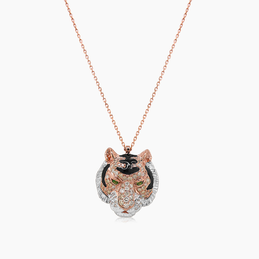 Tiger Fancy Diamond Onyx & Ruby 18K Rose & White Gold Pendant Necklace