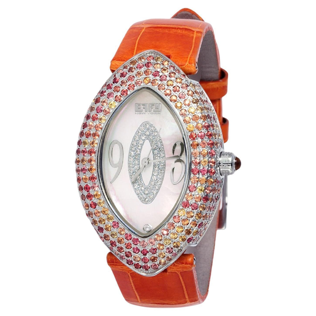 Orange Sapphire & Diamond Pave Dial Luxury Swis Quartz Exotic Leather Band Watch