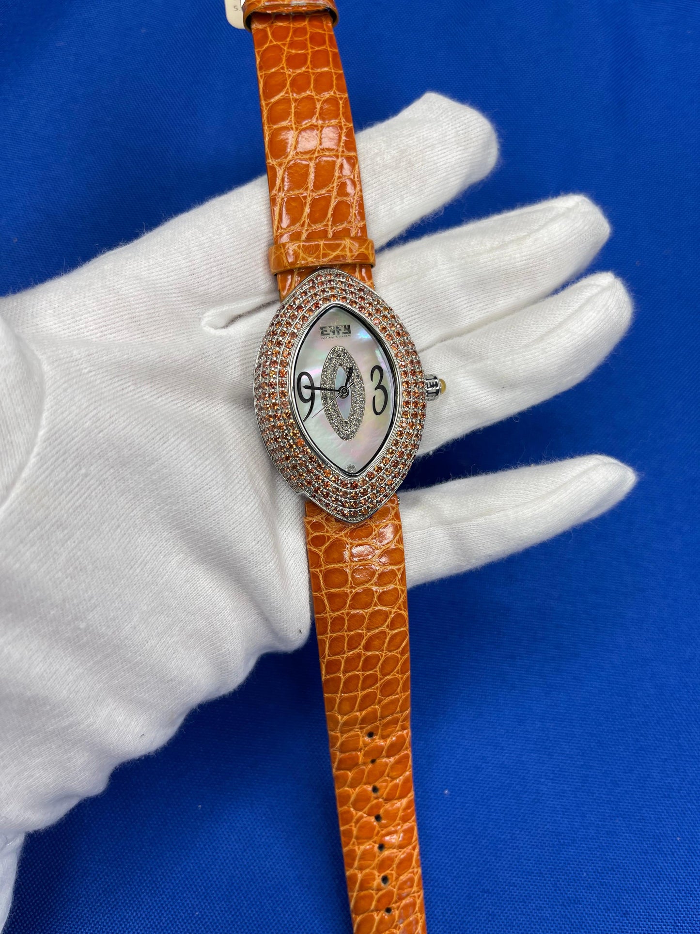 orange sapphire & diamond pave dial luxury swis quartz exotic leather band watch