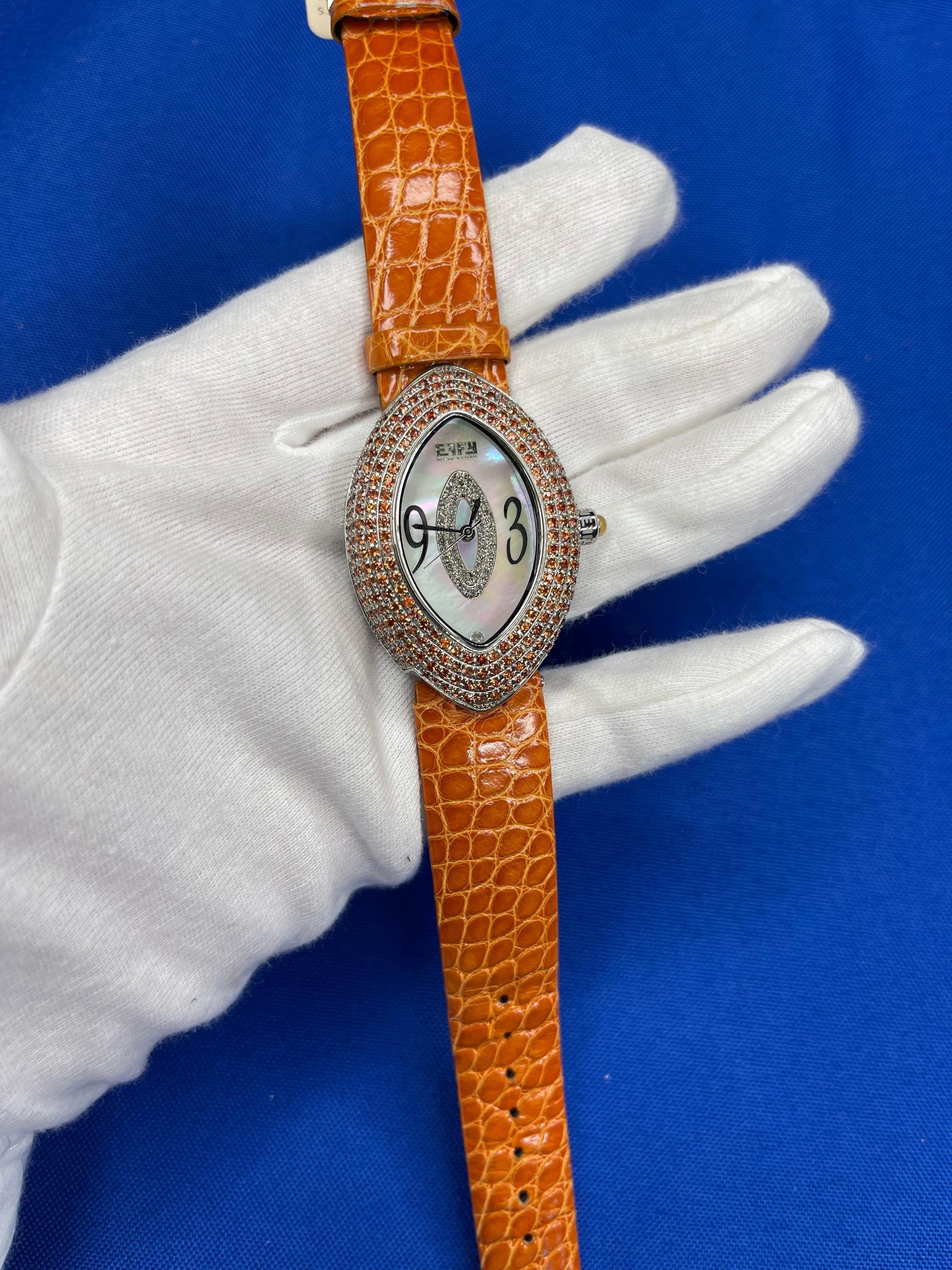 Orange Sapphire & Diamond Pave Dial Luxury Swis Quartz Exotic Leather Band Watch