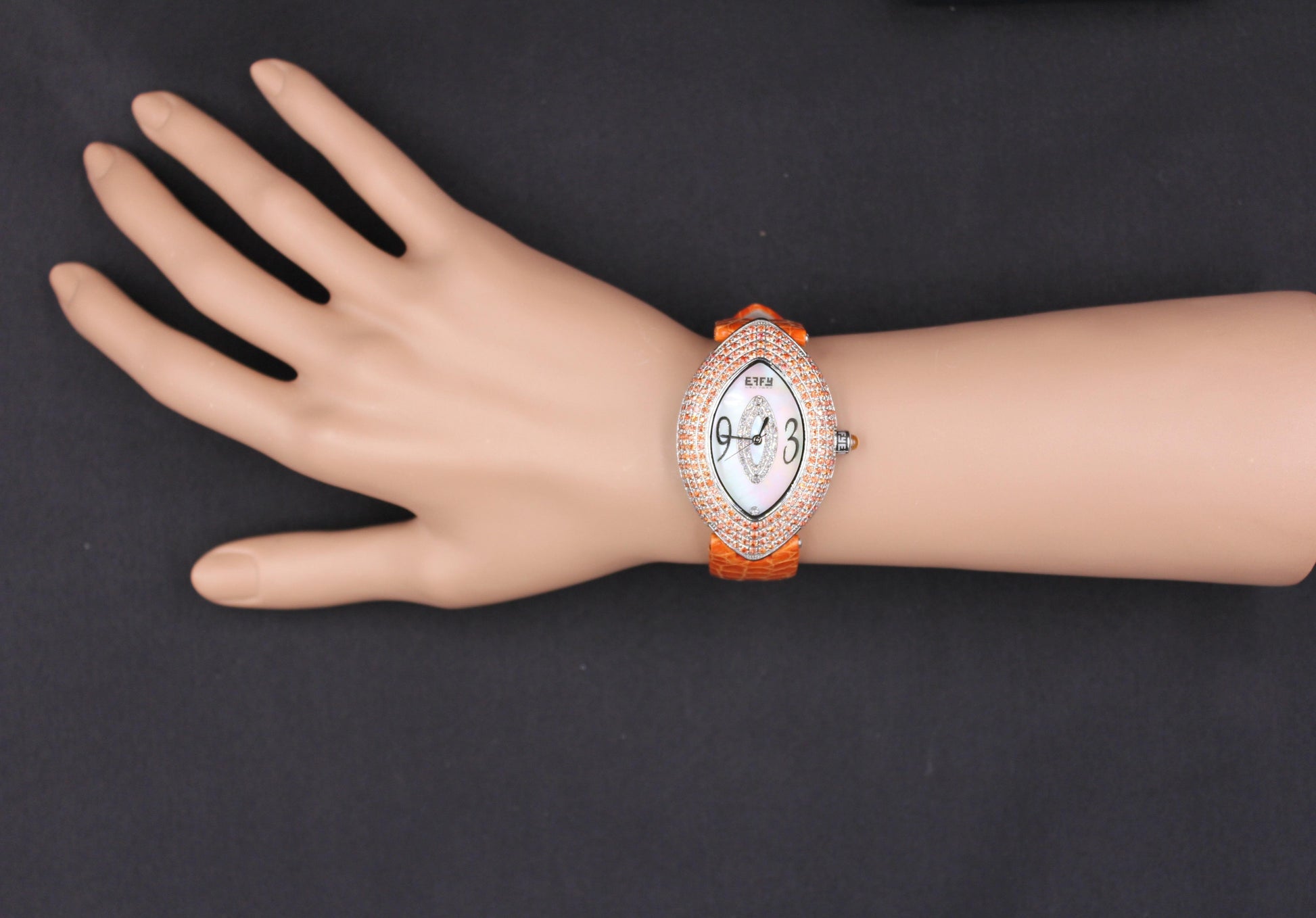 Orange Sapphire & Diamond Pave Dial Luxury Swis Quartz Exotic Leather Band Watch
