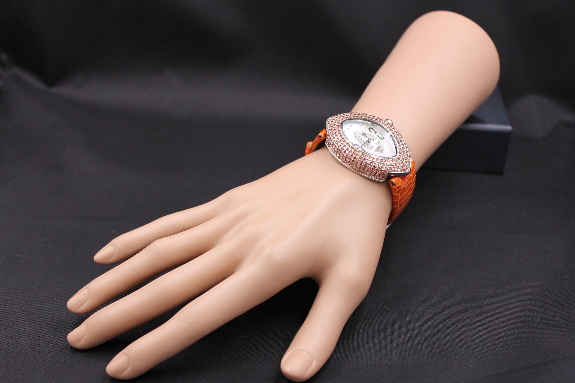 Orange Sapphire & Diamond Pave Dial Luxury Swis Quartz Exotic Leather Band Watch