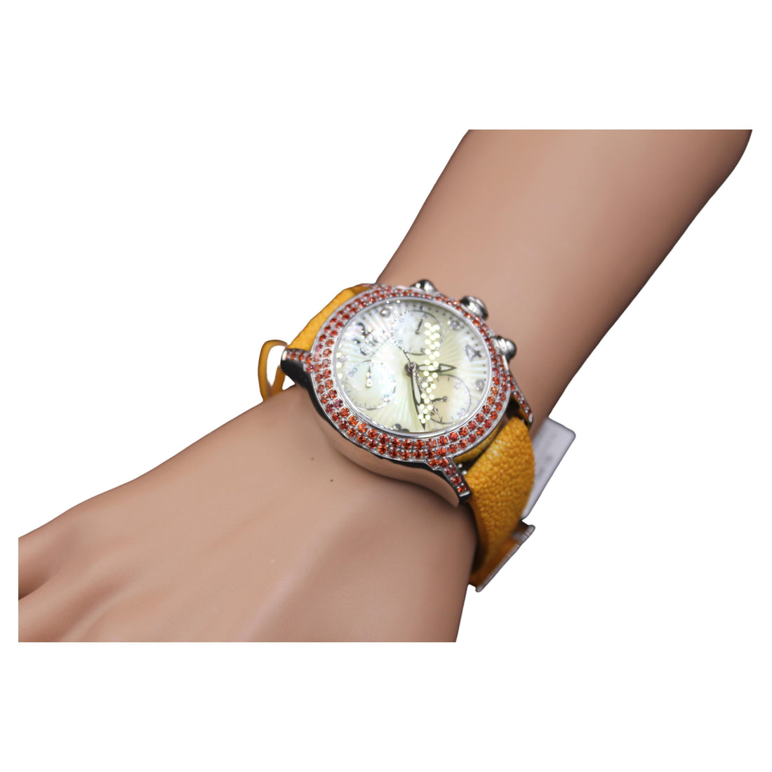 Orange Sapphire &amp; Diamond Pave Dial Luxury Swis Quartz Exotic Leather Band Watch
