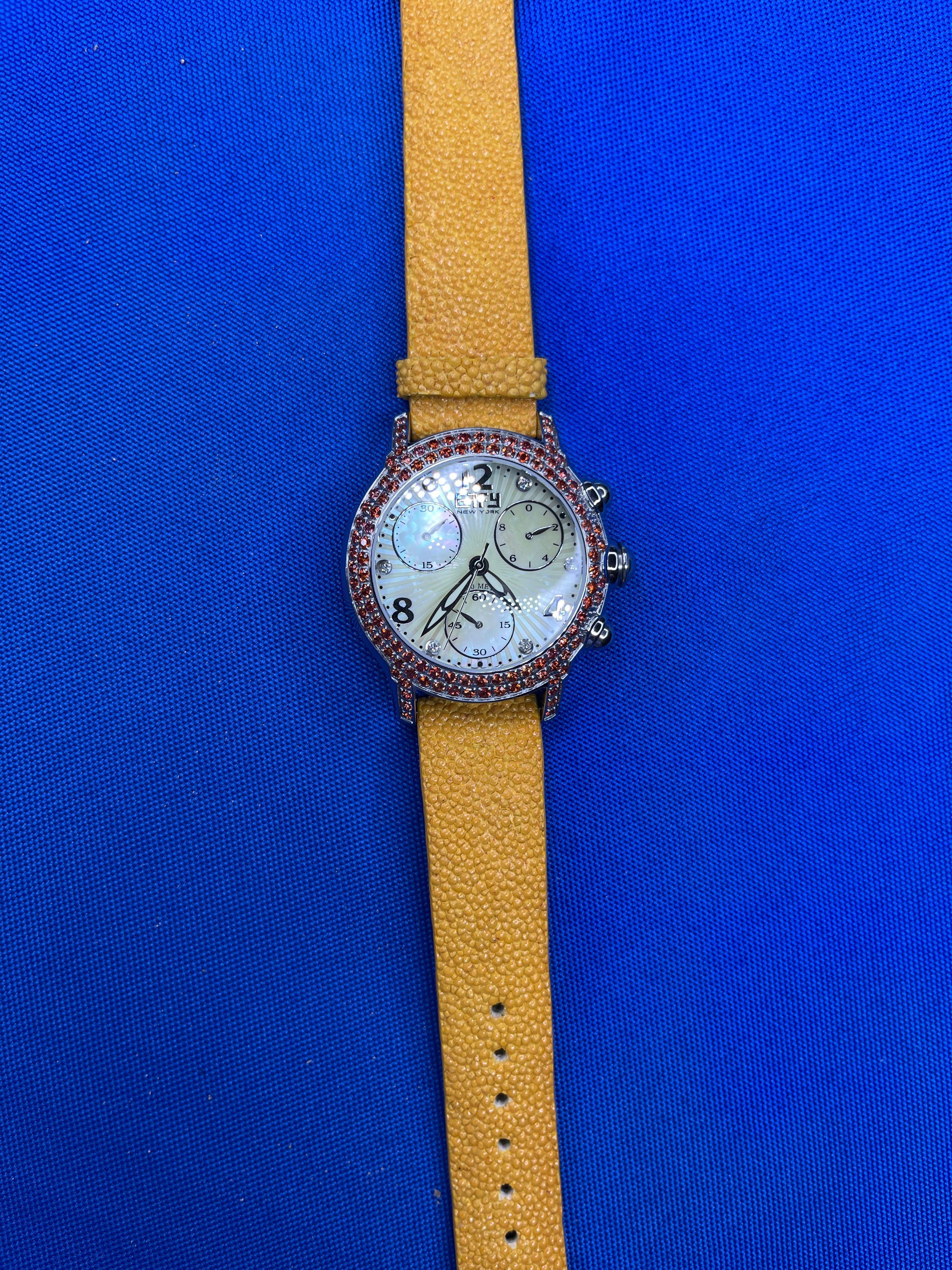 Orange Sapphire &amp; Diamond Pave Dial Luxury Swis Quartz Exotic Leather Band Watch