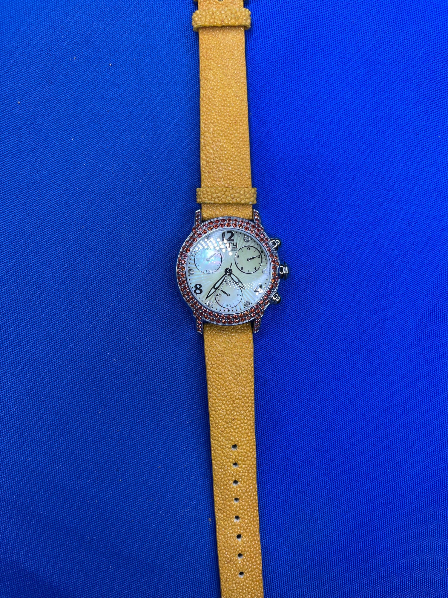 Orange Sapphire &amp; Diamond Pave Dial Luxury Swis Quartz Exotic Leather Band Watch