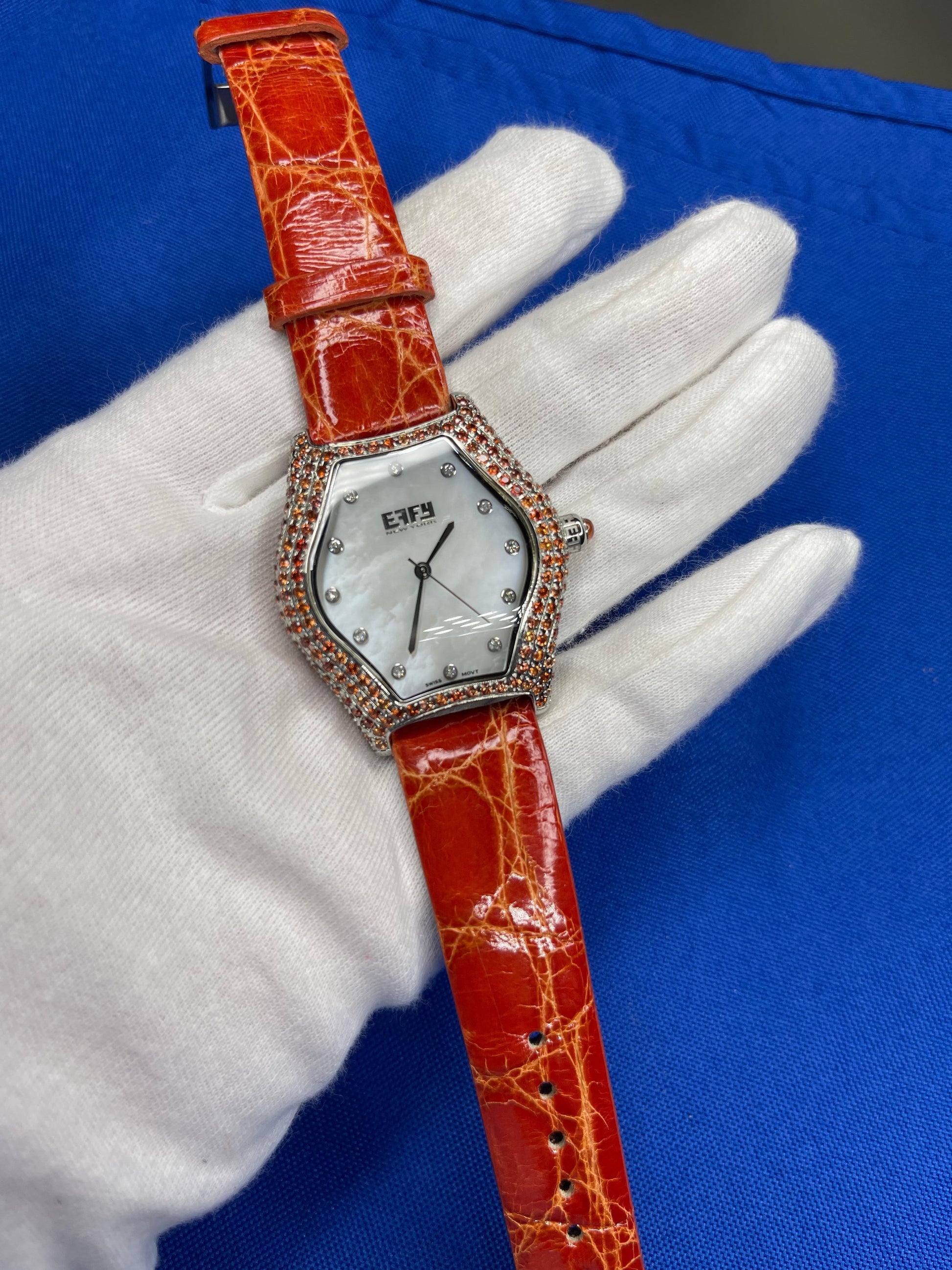 Orange Sapphire & Diamond Pave Dial Luxury Swiss Quartz Exotic Leather Watch