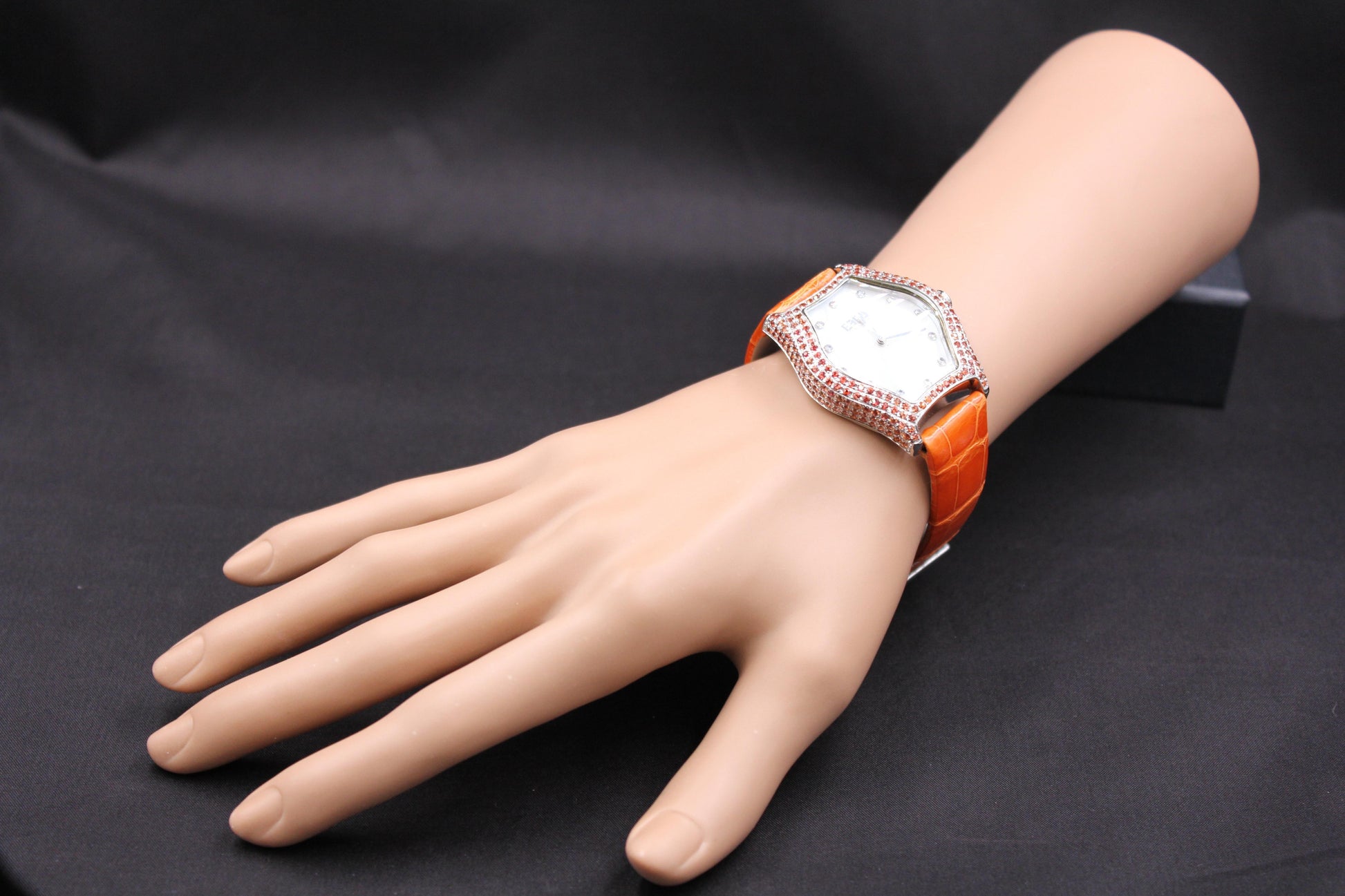 Orange Sapphire & Diamond Pave Dial Luxury Swiss Quartz Exotic Leather Watch
