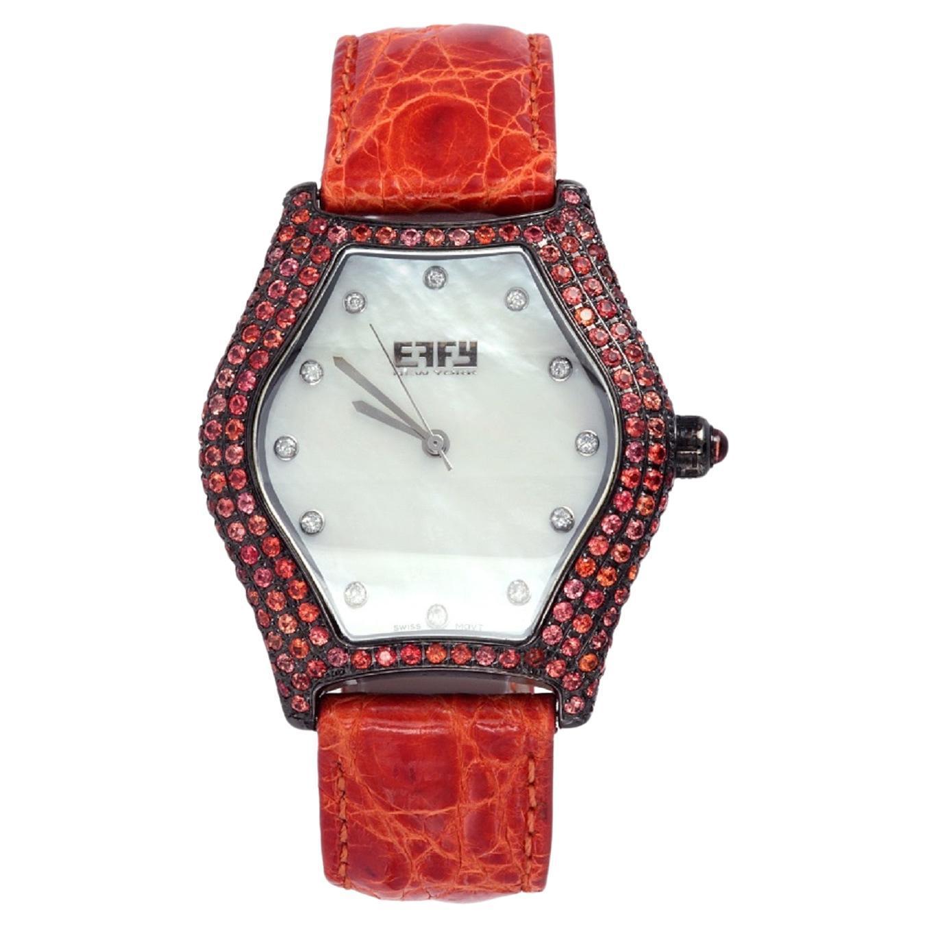 Orange Sapphire & Diamond Pave Dial Luxury Swiss Quartz Exotic Leather Watch