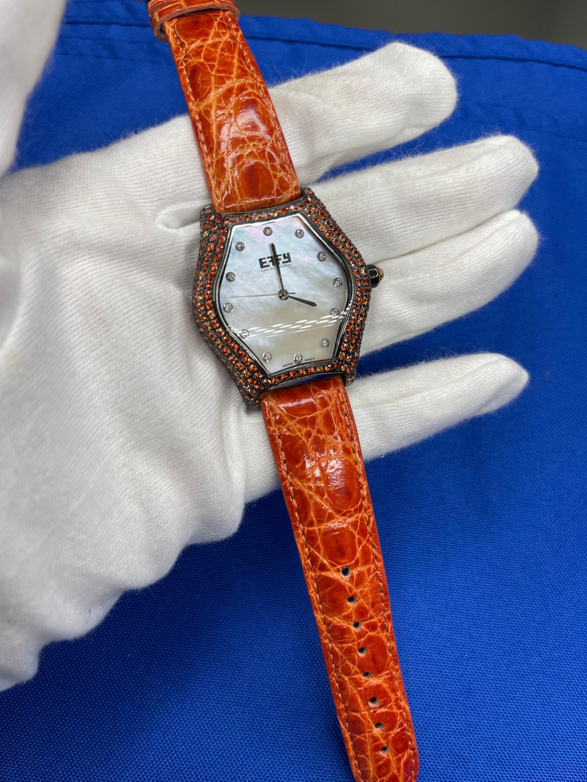 Orange Sapphire & Diamond Pave Dial Luxury Swiss Quartz Exotic Leather Watch
