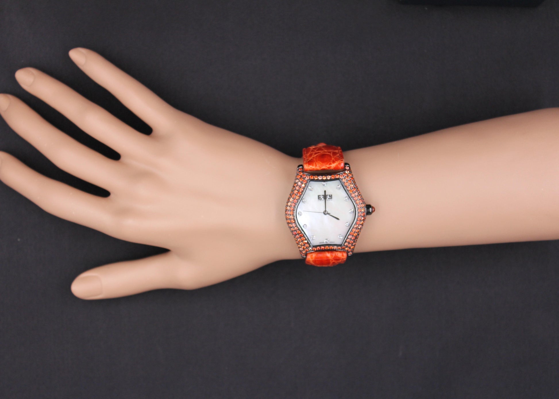 Orange Sapphire & Diamond Pave Dial Luxury Swiss Quartz Exotic Leather Watch