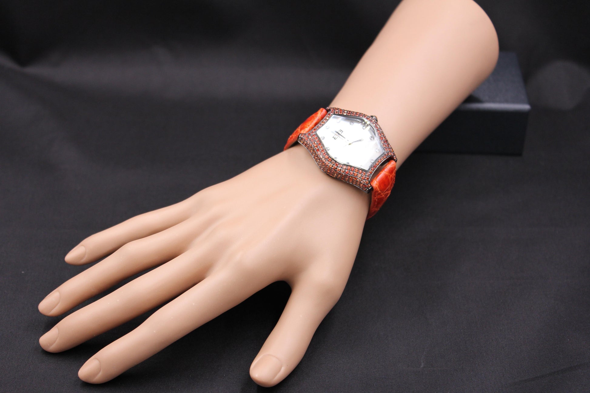 Orange Sapphire & Diamond Pave Dial Luxury Swiss Quartz Exotic Leather Watch