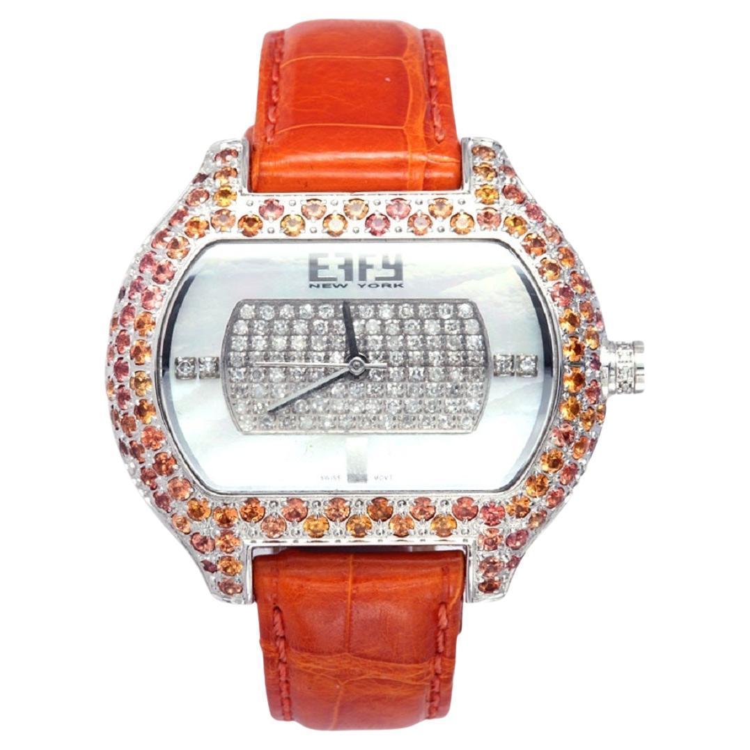 Orange Sapphire &amp; Diamond Pave Dial Luxury Swiss Quartz Exotic Leather Watch