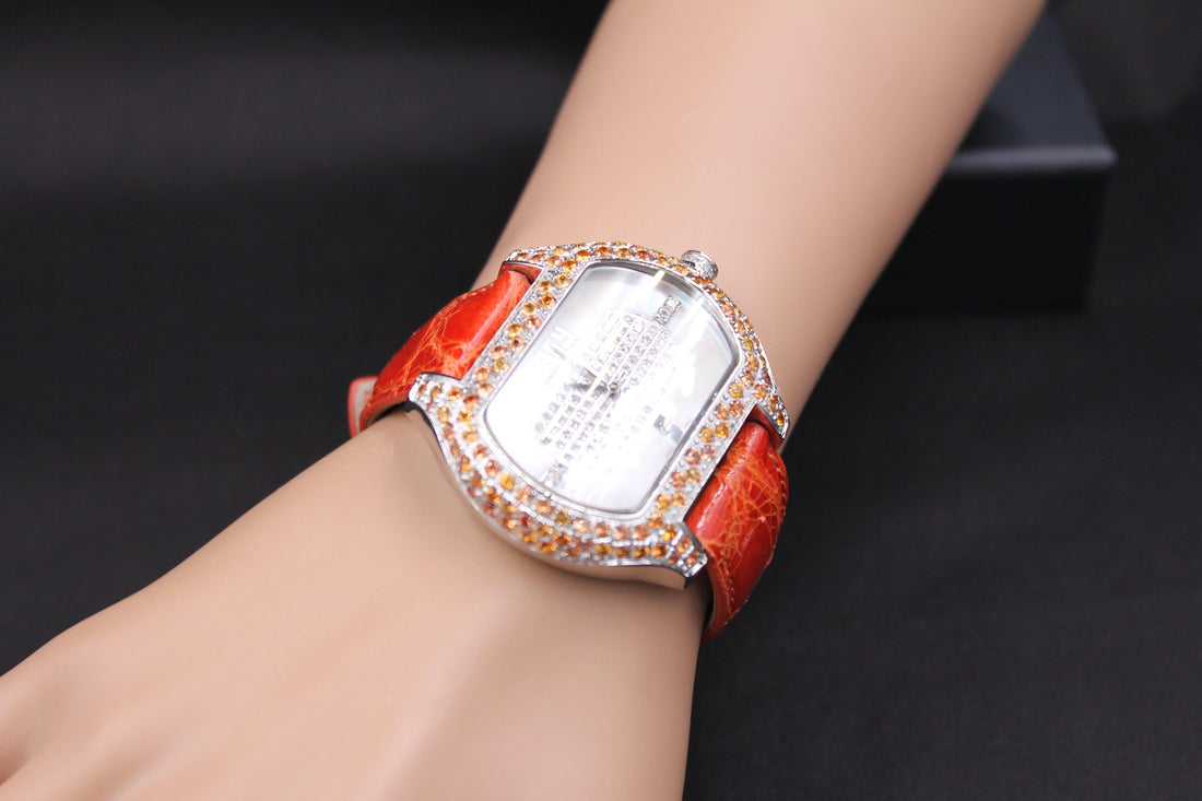 Orange Sapphire &amp; Diamond Pave Dial Luxury Swiss Quartz Exotic Leather Watch