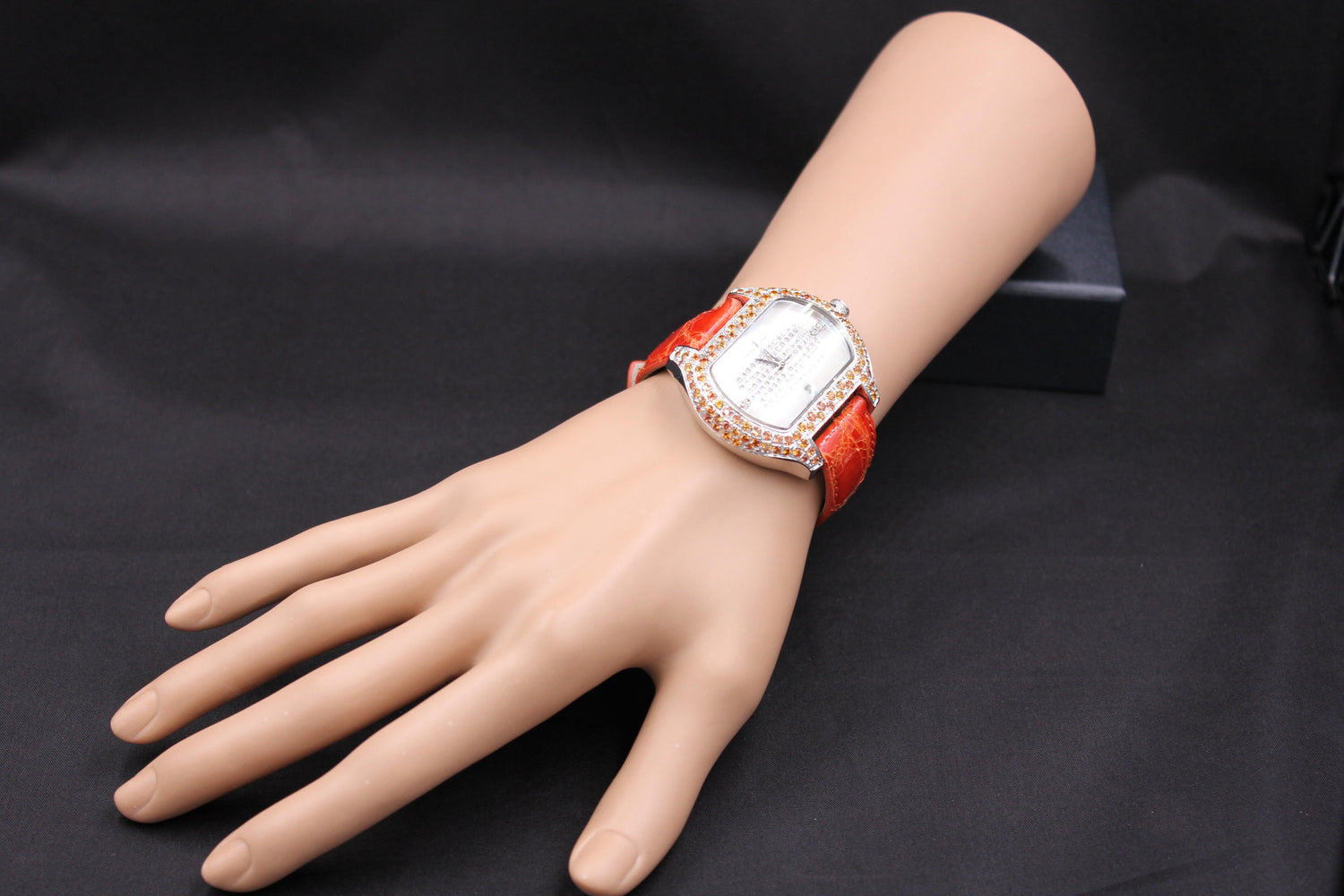 Orange Sapphire &amp; Diamond Pave Dial Luxury Swiss Quartz Exotic Leather Watch