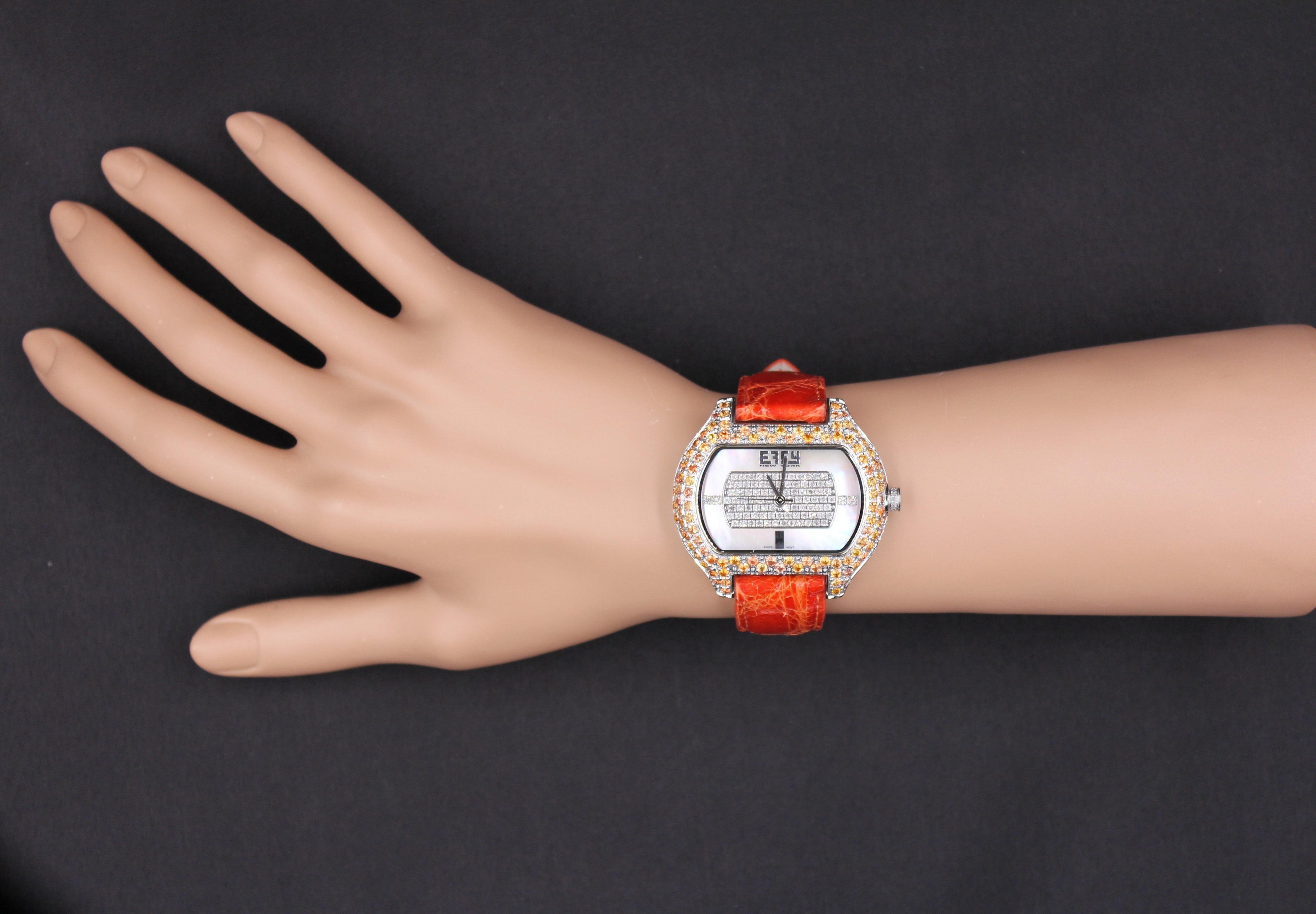 Orange Sapphire &amp; Diamond Pave Dial Luxury Swiss Quartz Exotic Leather Watch