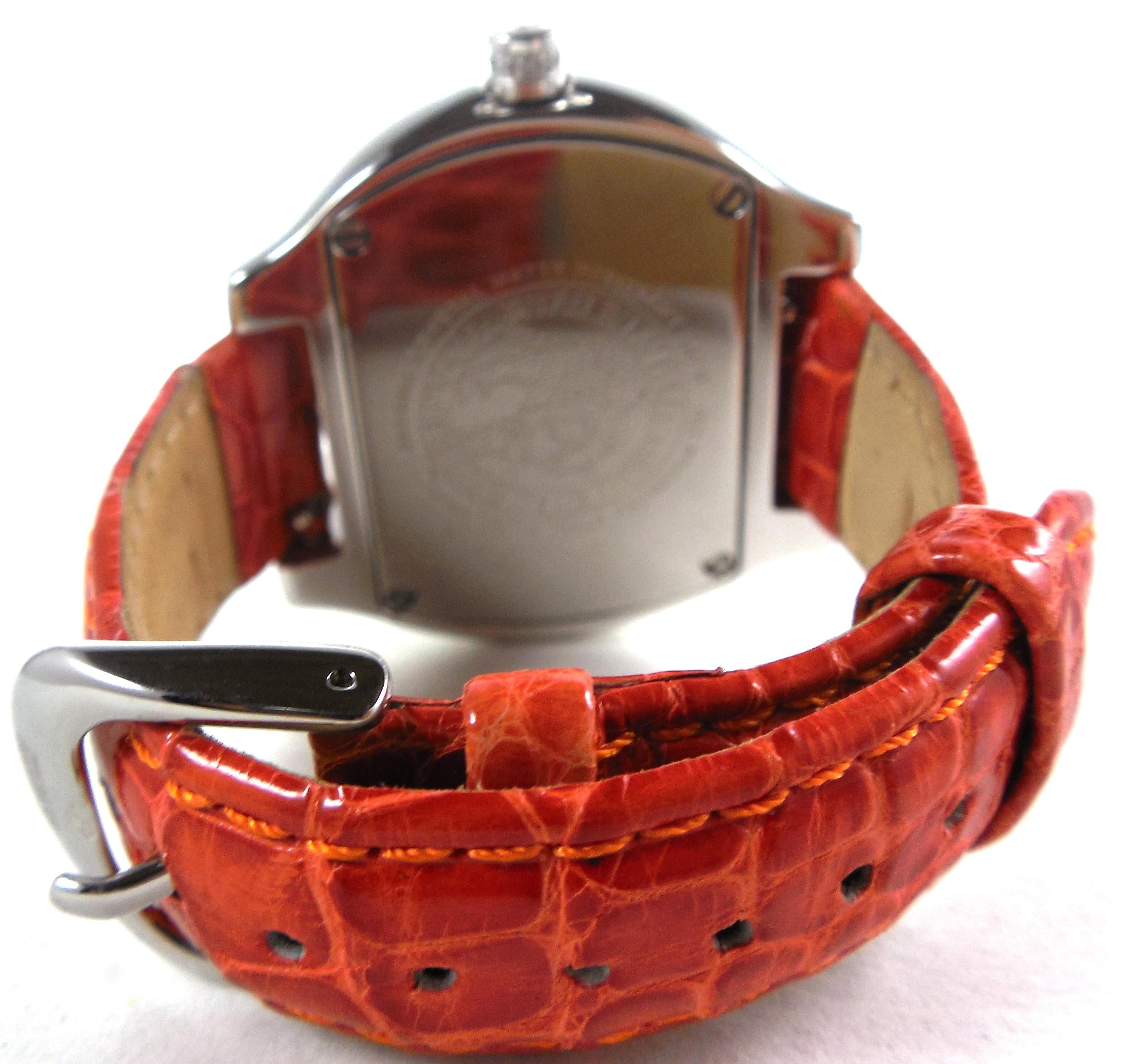 Orange Sapphire &amp; Diamond Pave Dial Luxury Swiss Quartz Exotic Leather Watch