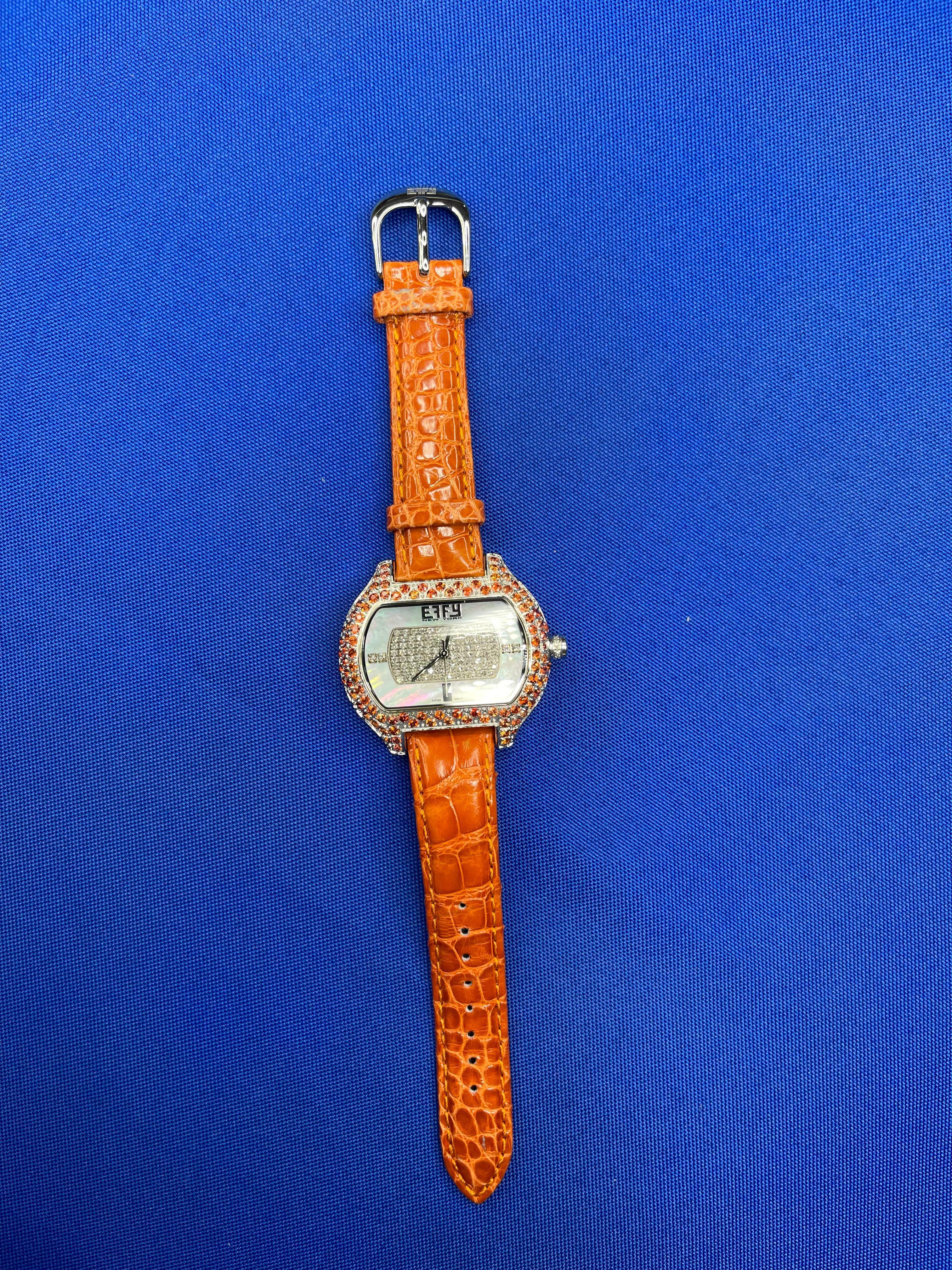 Orange Sapphire &amp; Diamond Pave Dial Luxury Swiss Quartz Exotic Leather Watch
