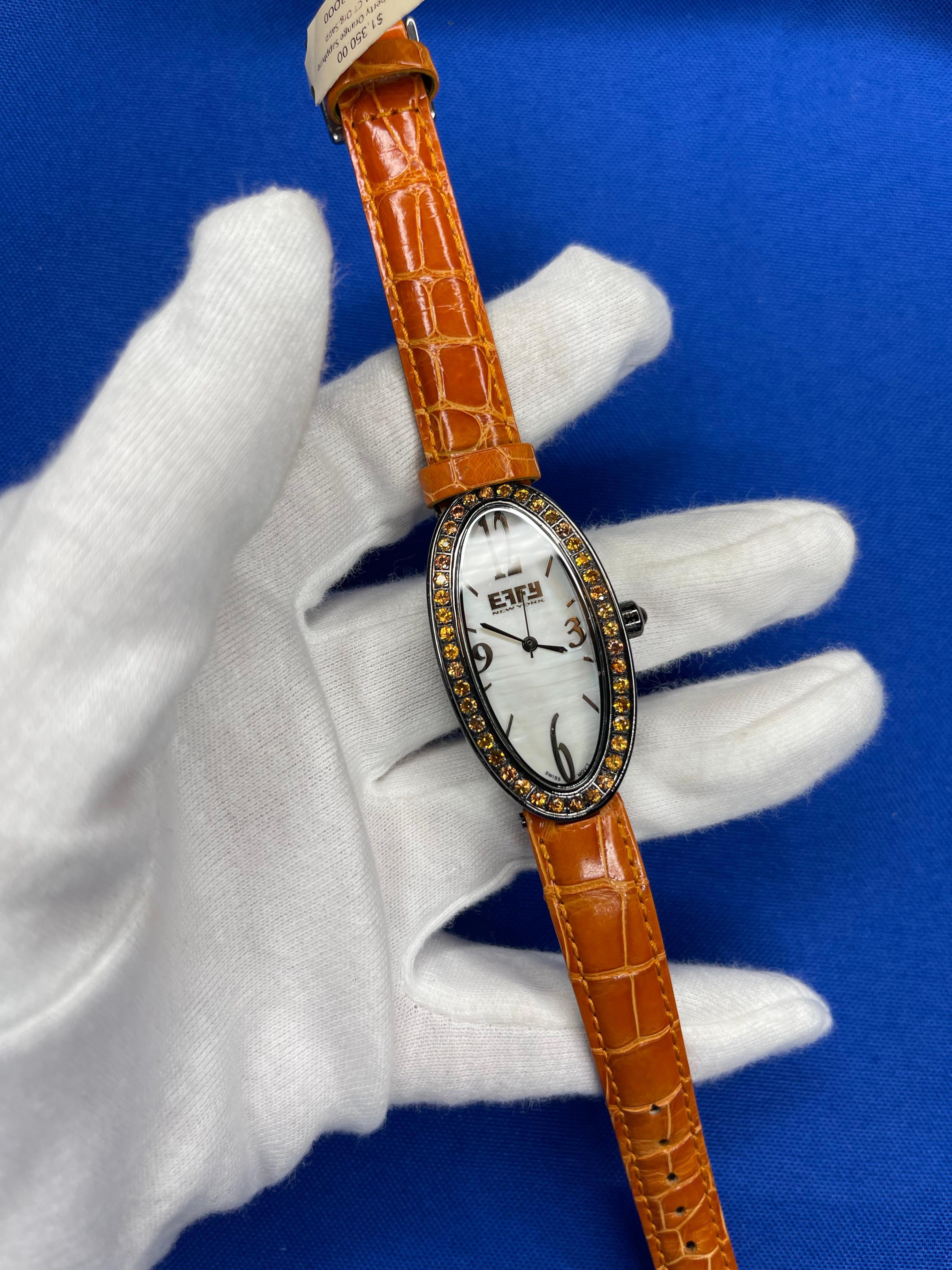 Orange Sapphires Pave Dial Luxury Swiss Quartz Exotic Leather Band Watch