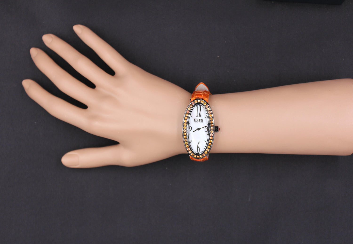 Orange Sapphires Pave Dial Luxury Swiss Quartz Exotic Leather Band Watch