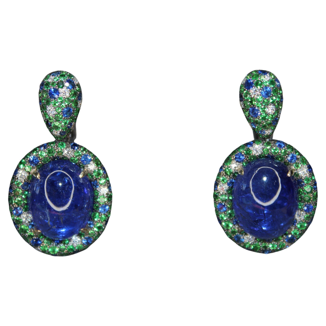 Oval Cabochon Tanzanite Tsavorite Diamond Pave Dangle 18K White Gold Earrings